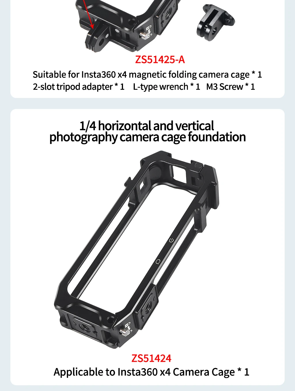 Aluminiumlegierung X4 Schnellmontage Käfig 1/4 Loch Klappstativ Adapter Kaltschuh für Insta360 X4 Action Kamera Schutzrahmen Fall – Detail 16