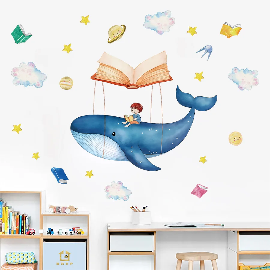 Cartoon Whale & Boy in The Ocean Wall Decal Removable Vinyl Wall Stickers for Classroom Nursery Room Decor 30x90cm