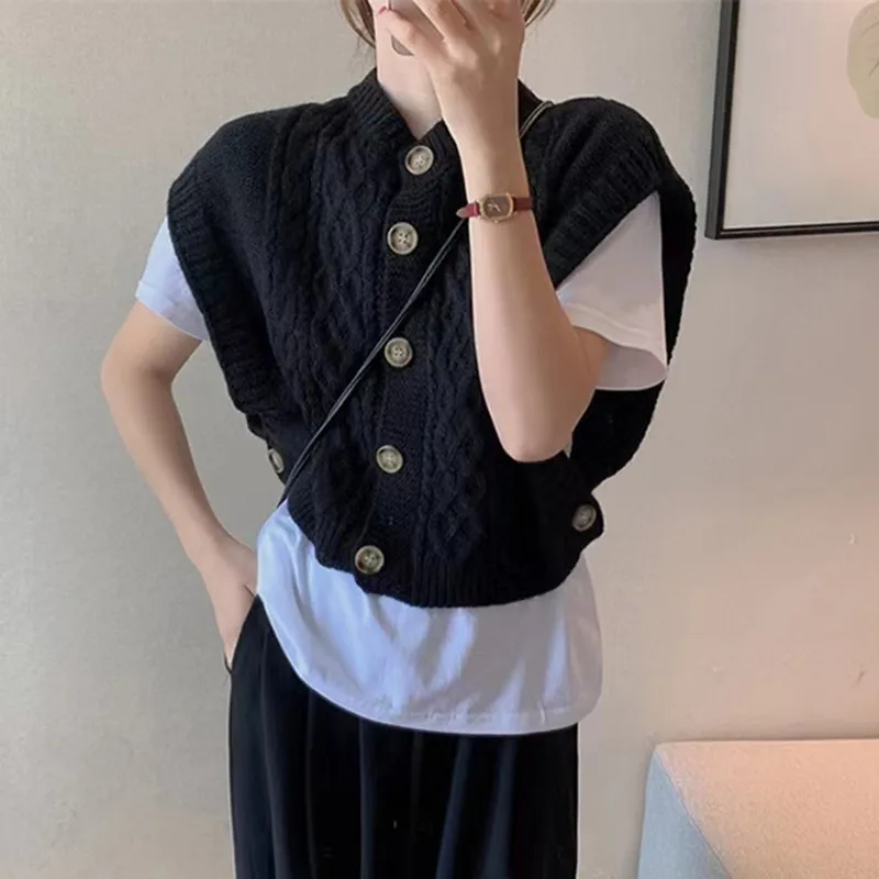 New Fashion Retro Sweater Vest Elegant Crew Neck Knitted Button Cardigan Single-breasted Office Women's Sleeveless Top