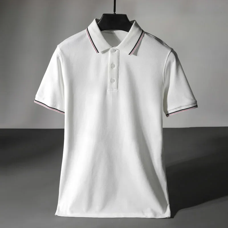 Men's Spring Summer Collared Polo Shirt Short Sleeve Pure Color Striped Buttoned Business Casual White Top for Fashionable Men 8 S804bee6565924f94ba08999843b295a3C