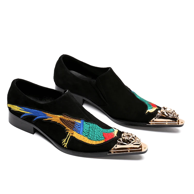 Christia Bella New Luxury Embroidery Bird Men Suede Leather Shoes Metal Pointed Toe Men Dress Oxford Shoes Party Mens Suit