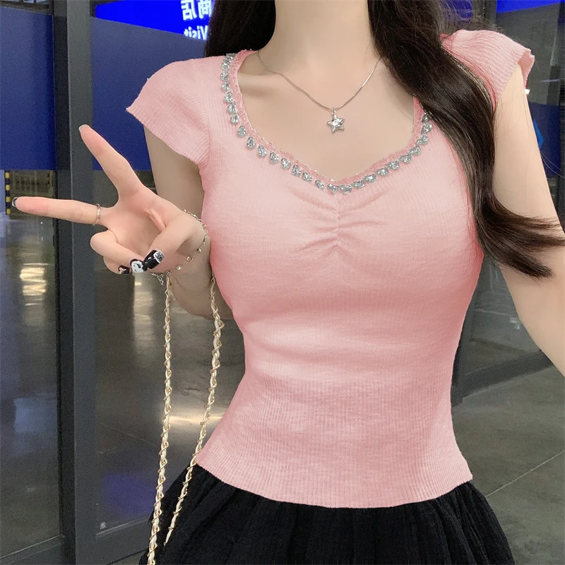 

2024 Short sleeved Knitted Shirt Summer Women's Casual Top Simple Slim Fit Solid Color V-neck Diamond T-shirt