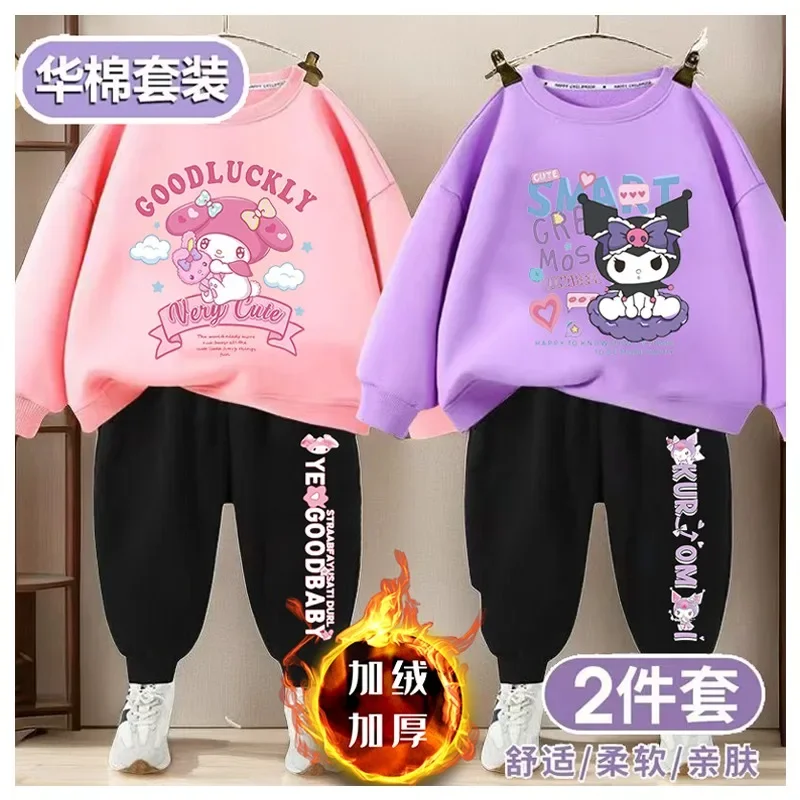 

Sanrioed My Melody Kuromi Printed Children's Warm Casual Sportswear Set Cute Loose Pullover Sweater Long Pants Kids Clothing