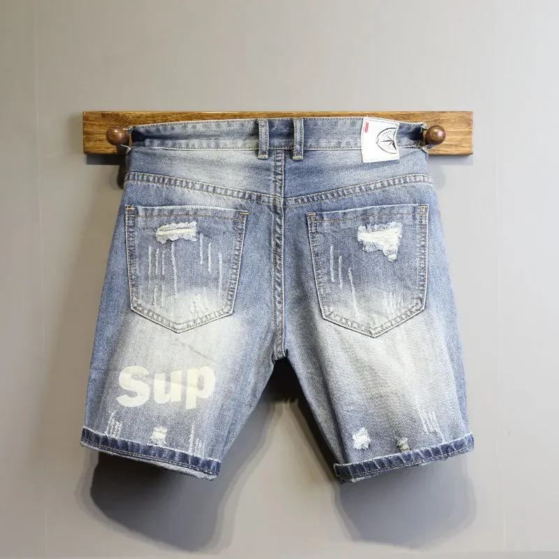 Summer Light Blue Ripped Cat Whisker Patch Letter Print Slim Denim Shorts Teenagers Jeans Boys and Girls Cowboy Short Pants