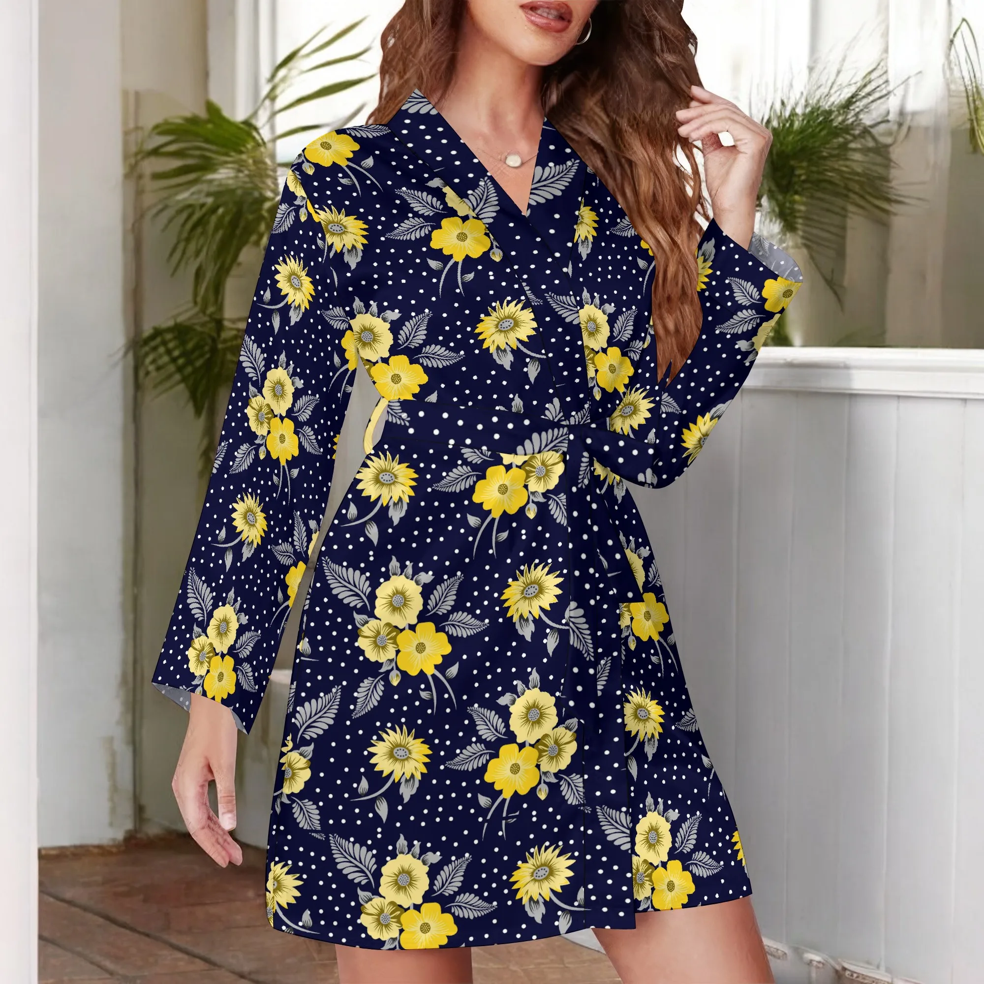 Damen Langarm-Satin-Nachthemd mit Taillengürtel, Modisches Gemustertes Bedrucktes Sexy Nachthemd