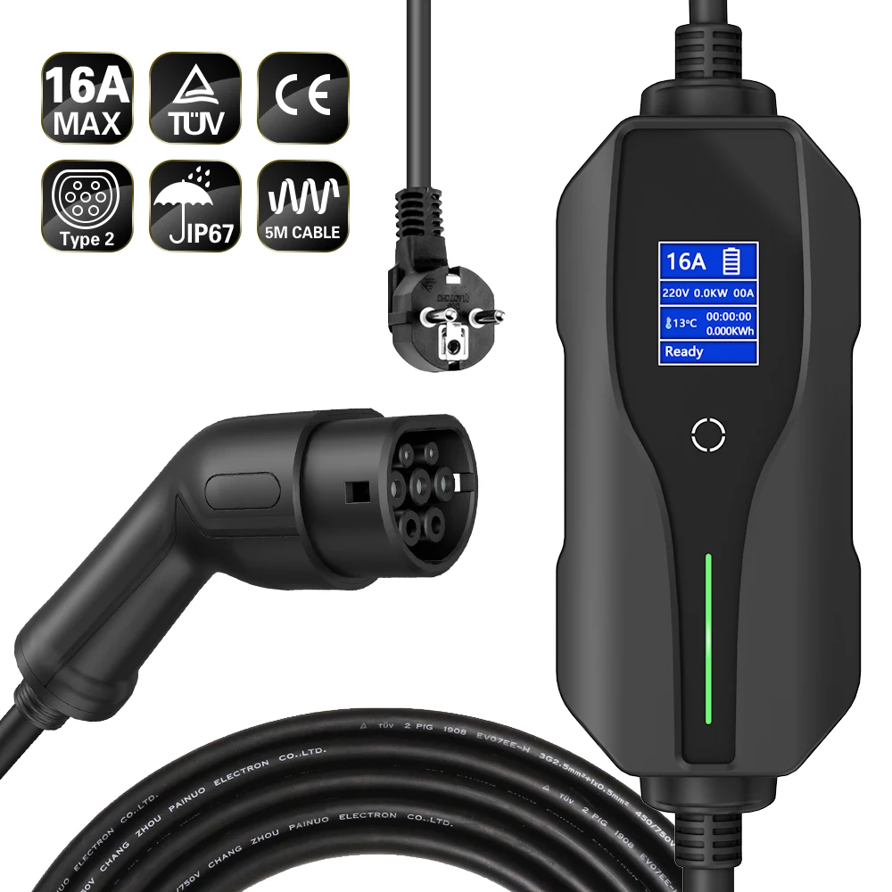 E-S1mple Chargeur Voiture Électrique Type 2 16A (5M, 6-6A Commutable,  Charge Retardé 1-12H) Chargeur EV Type 2 Portable Schuko Cable Recharge  Voiture