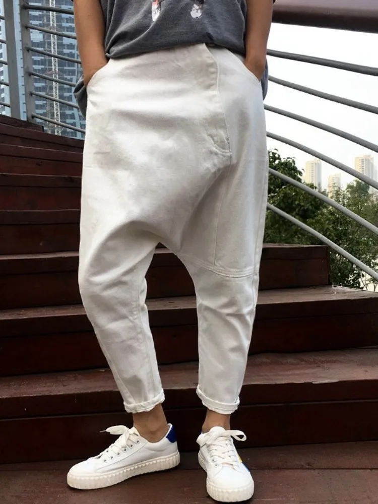 Hip Hop Denim Harem Pants Men Button Fly Personality Loose Fit