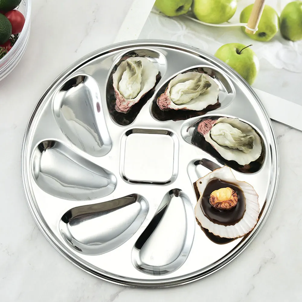23cm Stainless Steel Oysters Dinner Plate Slot Clam Oyster Serving Grilling Pan Restaurant Grill Steel Oyster Plate