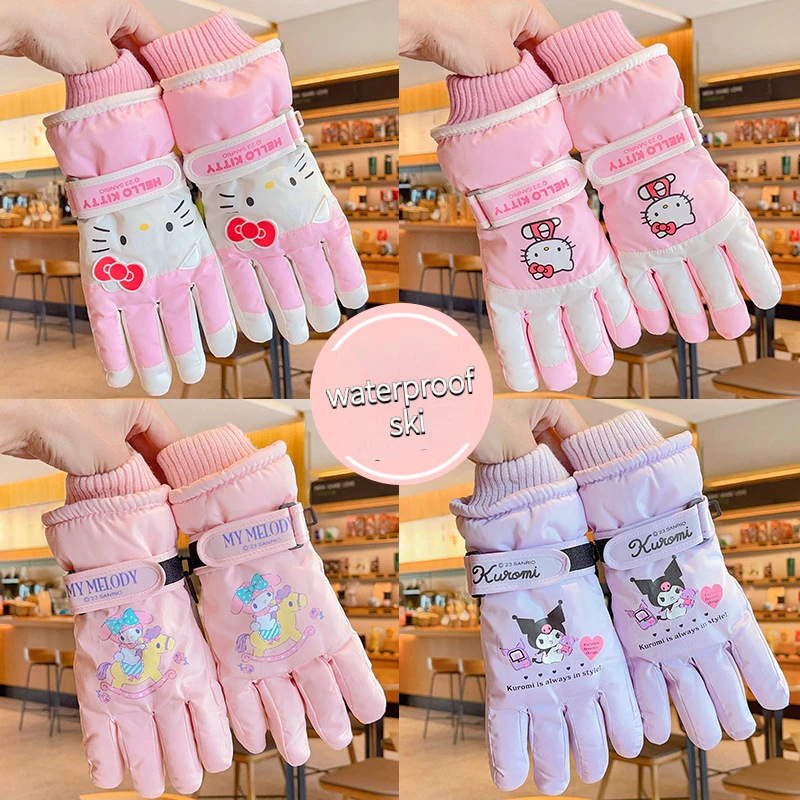 

New Hello Kitty Sanrio Ski Gloves Kawaii Girls Outdoor Warm Glove Cinnamoroll Kuromi Soft Plush Winter Snow Cute Gloves Gifts