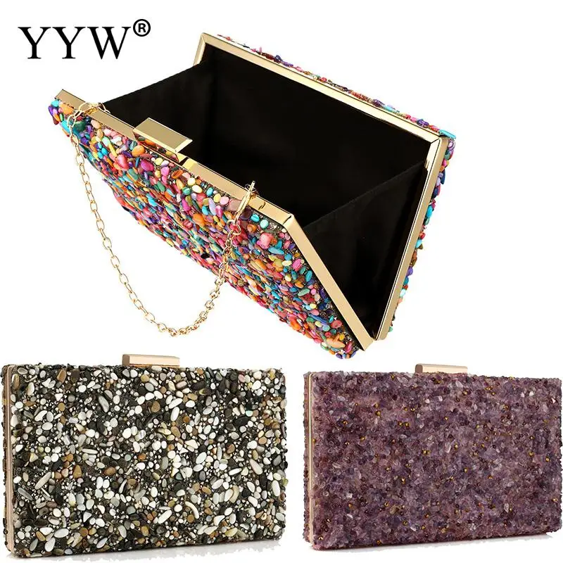 Fashion Perspex Geometric Evening Clutch Bag Colorful Acrylic Women Handbag Elegant Wedding Banquet Prom Metal Chain Purse Box