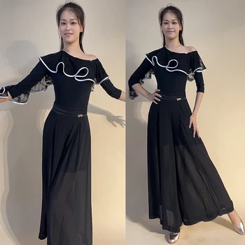 Nuovi abiti da ballo da sala da donna colletto obliquo in pizzo top pantaloni in chiffon valzer latino abbigliamento per pratica di danza abbigliamento da prestazione