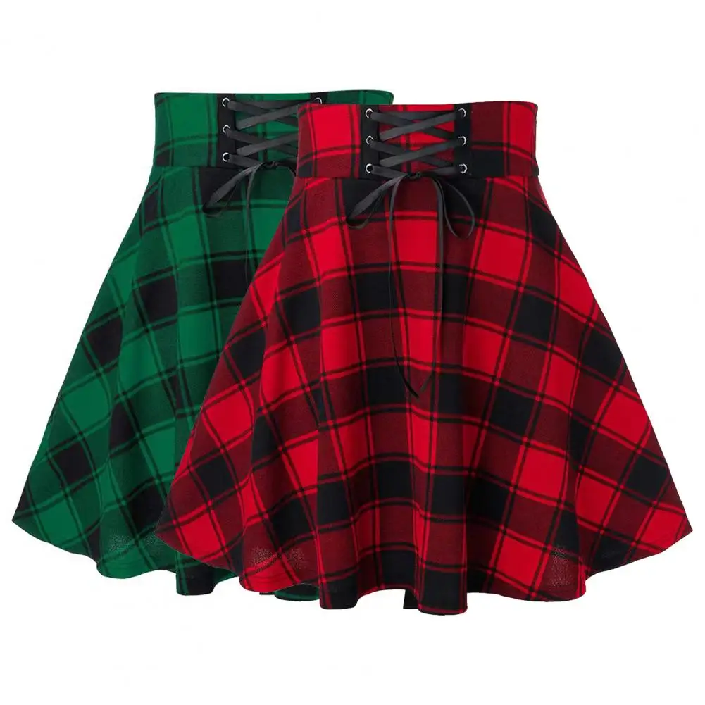 

High Waist Skirt Trendy Women's Plaid Print Mini Skirt Collection Elastic High Waist A-line Skater Skirt Hip Hop Style Clubwear