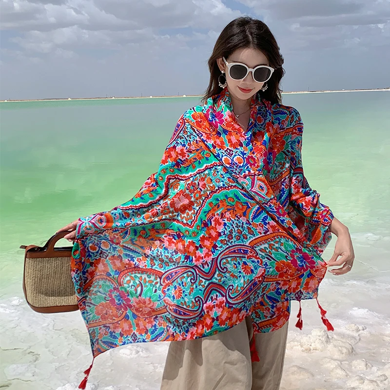 

New Cotton and Hemp Feel Scarf Fashion Wave Pattern with Tassel Headband Spring and Autumn Thick Shawl for Women