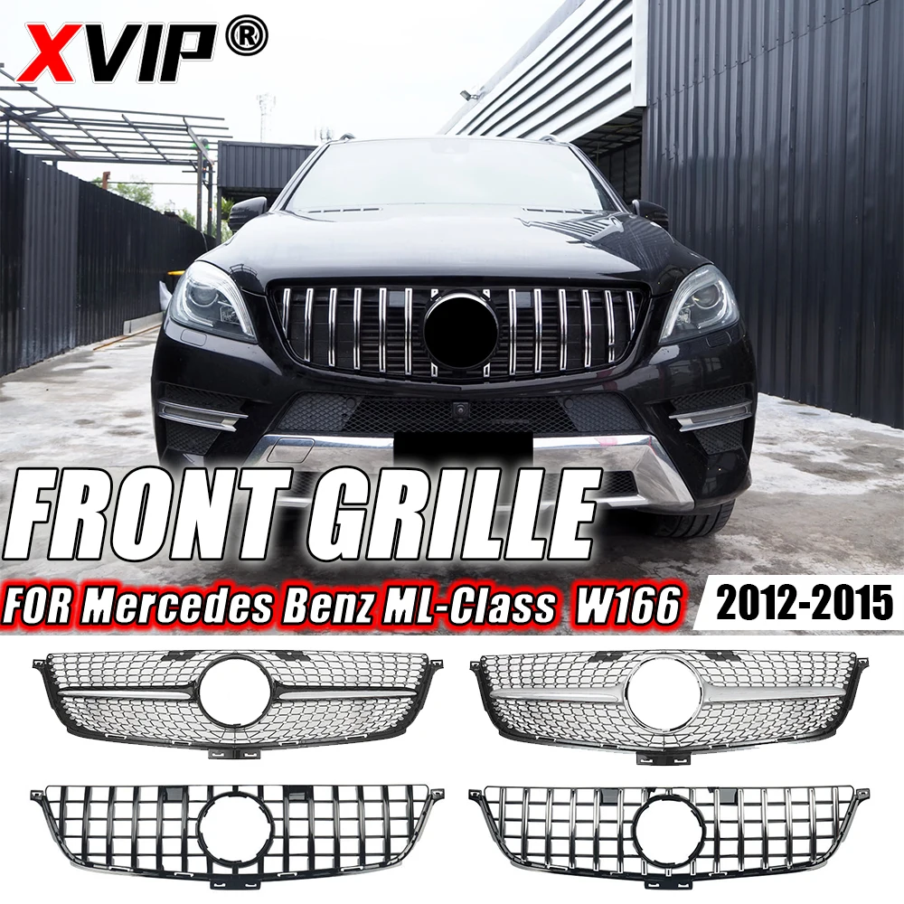 GTR Style Front Grille With Star Emblem For 2012–2015 Mercedes W166 ML-Class – Gloss Black, No Camera Hole, ABS Plastic