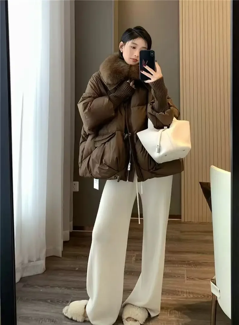 Women Winter New Fur Collar Puffer Down Parka Loose Down Warmer Thicken Snow Jacket Pocket Zipper Faux Fur Outerwear Female