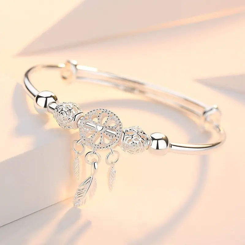 Silver Plated Bracelet Leaf Bracelet Silver Bracelet 1pcs Copper Alloy Ladies Cold Wind Dreamcatcher Leaves Tassel Turn Beads Jewelry