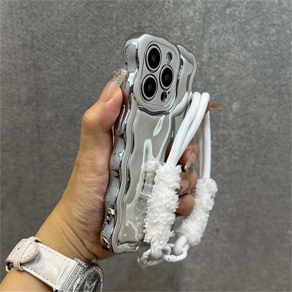Luxury Curly Wave Semi-Plush Phone Case with Lanyard and Wrist Strap