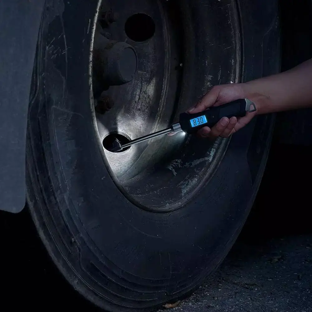 휴대용 범용 타이어 압력 카운터, 다기능 지능형 고정밀 프롬프트 테스터 손전등, LCD 250PSI, B4O2 포함