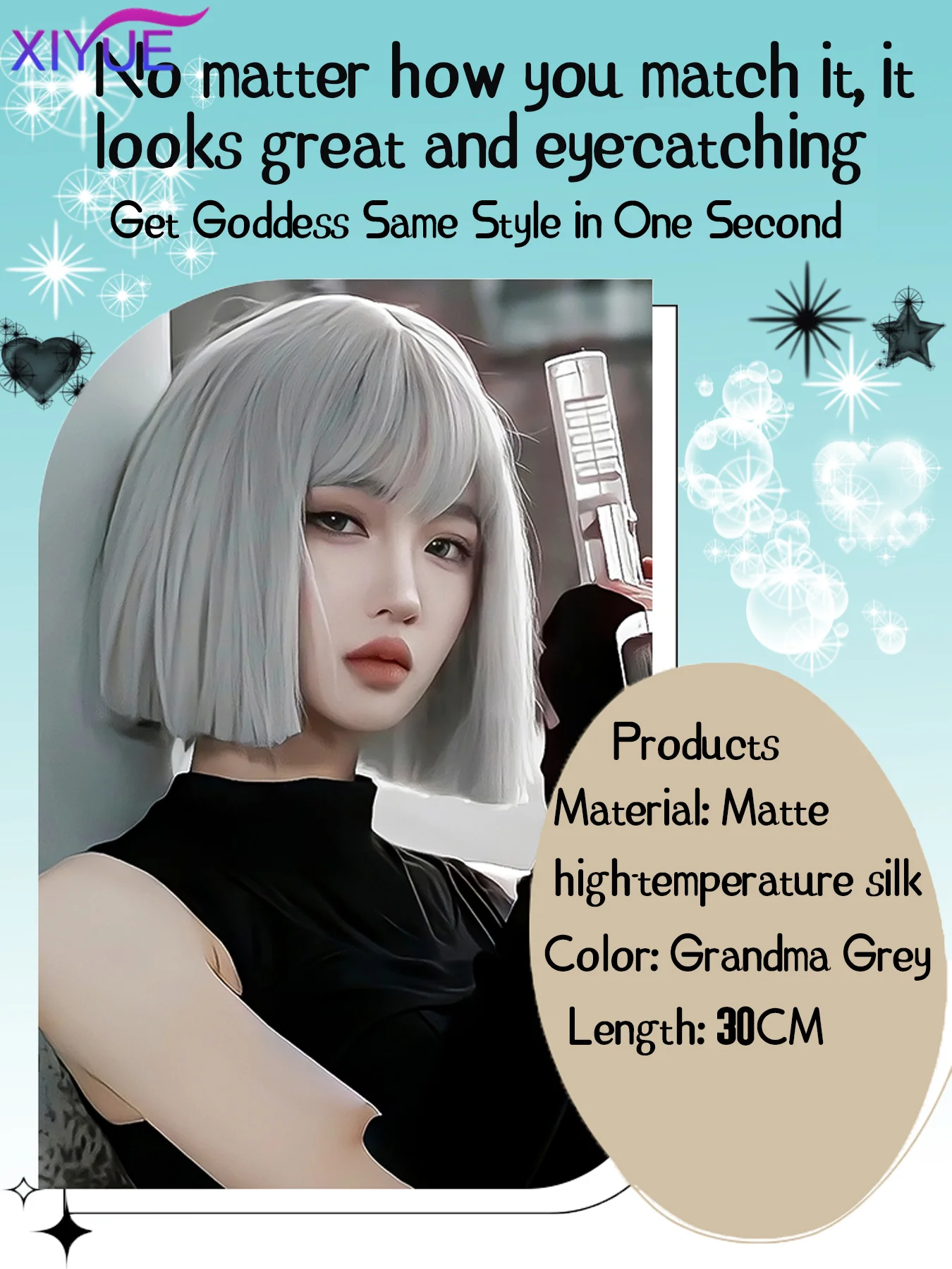 Sliver Gray Bob Wigs with Bangs Short Straight Synthetic Wigs for Women Grey Cute Lolita Party Hair Heat Resistant