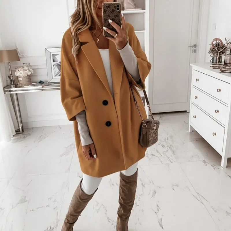 2021 Autumn and Winter New Three-quarter Sleeve Button Lapel Pocket Long Woolen Coat Long Sleeve Temperament Women's Clothing
