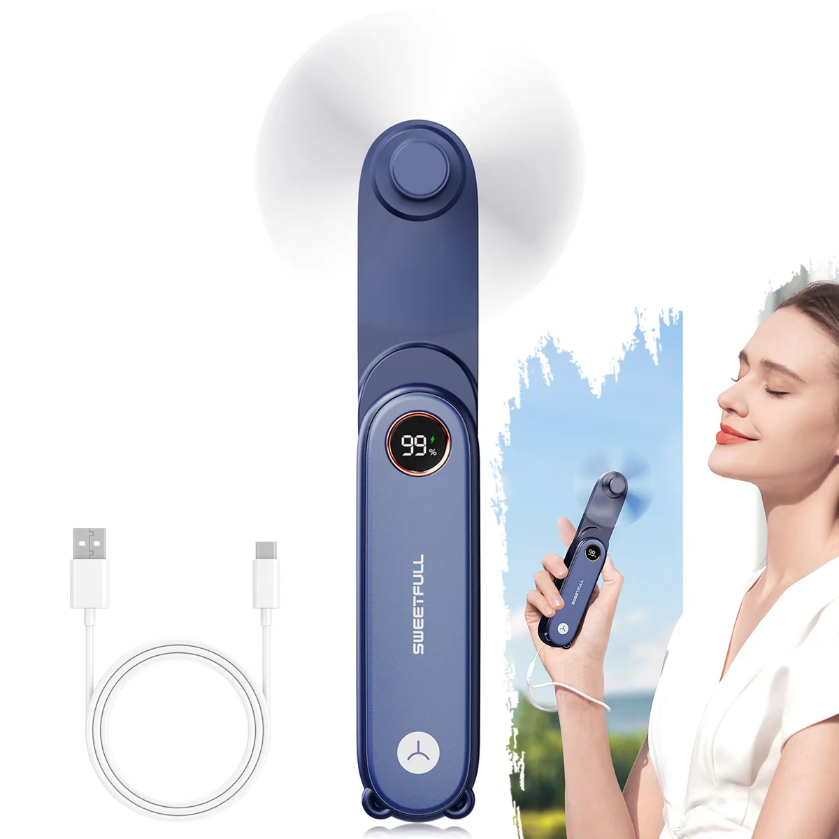 Portable Handheld Small Fan 2-speed Wind 1500mah Battery Capacity Mini USB Rechargeable Foldable Fan Suitable For Outdoor Use