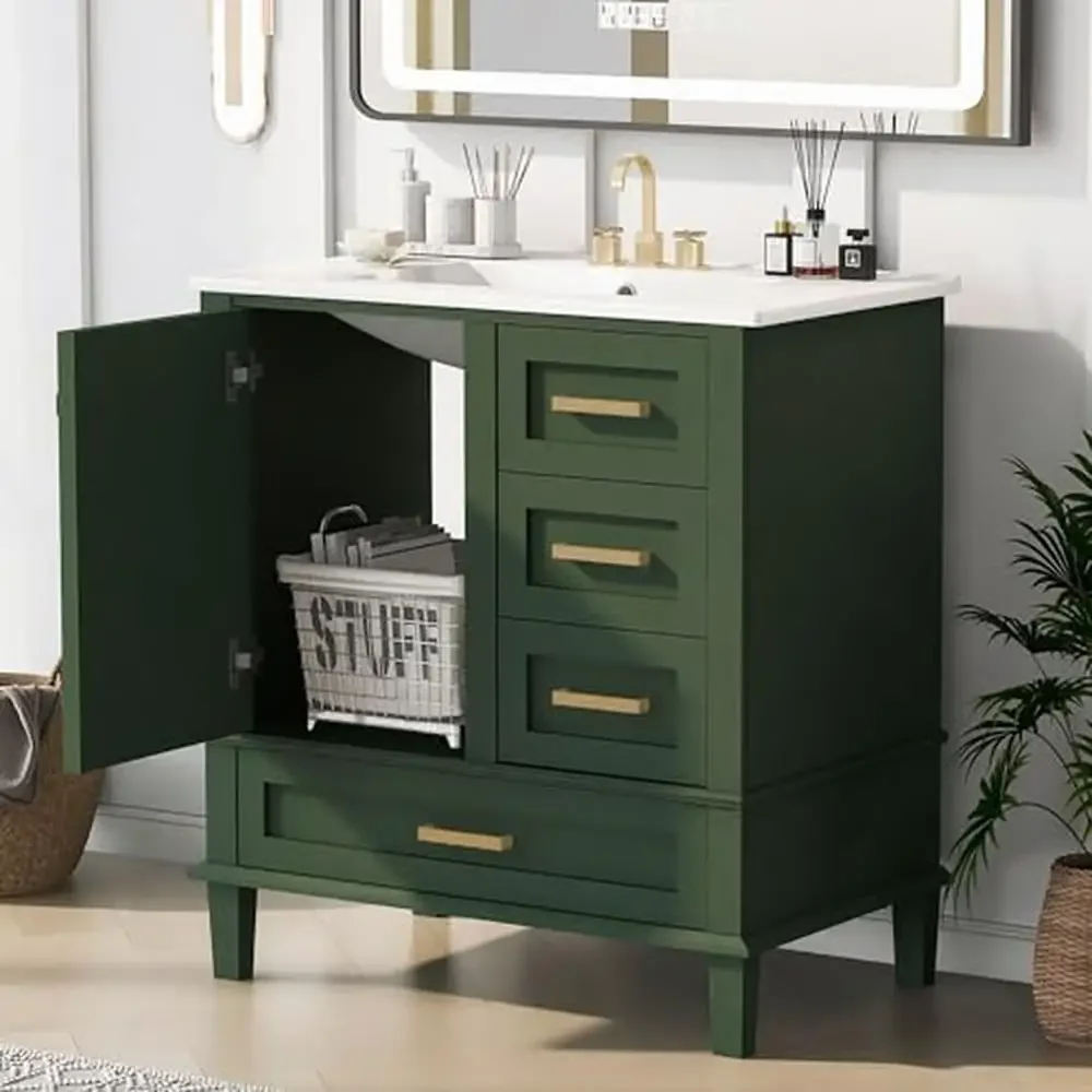 Bathroom Vanity Set 30" with Sink Cabinet Drawers Doors Modern Green Wood Single Vanity Floor Storage Organize Residence Quiet 4