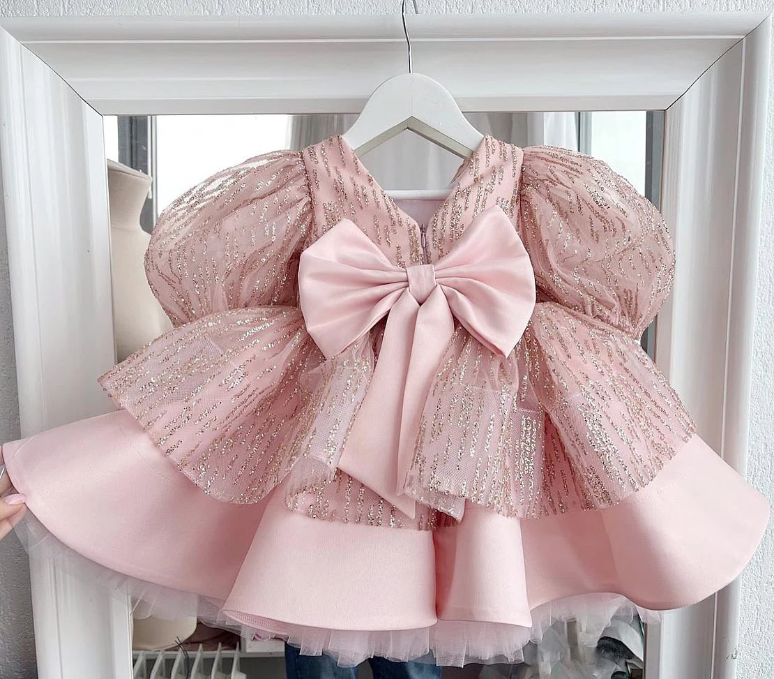 

Pink Handmade Baby Girl Dress Puffy Sleeves Princess Dress Knee Length Child Party Birthday Gown Big Bow