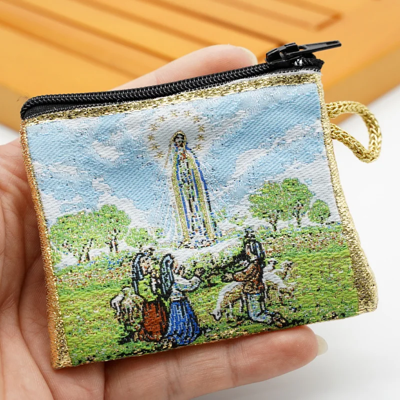 Gold Thread Embroidery Rosary Pouch Embroidered Catholic Image Icon Prayer Bag Religious Jewelry Storage Box 6.6x7.2cm