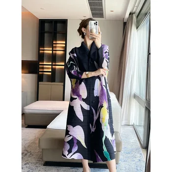 Miyake Pleated Breasted Cardigan 2024 Spring New Women's Printed Lapel and Flower Bud Sleeves Summer Women's Mid Length Dress 1