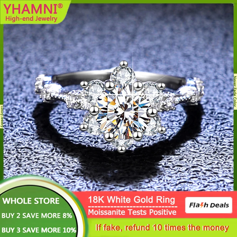 

YHAMNI Luxury 18K White Gold Wedding Band Big 5ct D Color Real Moissanite Diamond Sunflower Ring Fine Jewelry For Women 18kMR053