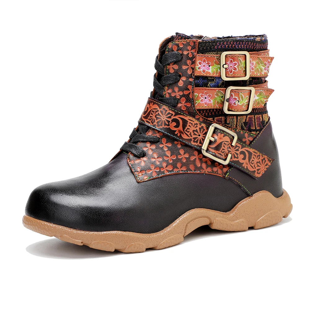 

Genuine Leather Hand Painted Printed Belt Buckle Ankle Boots For Women New Comfortable Flat Bottomed Women's Short Boots Shoes