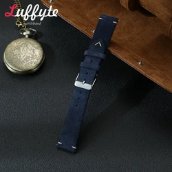 Handcrafted Vintage Suede Leather Watch Band with Quick Release - 22mm (Blue)