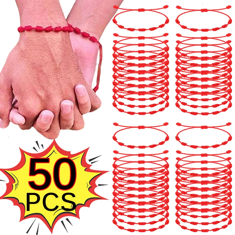 

50pcs Handmade 7 Knots Red String Bracelet for Lover Protection Lucky Amulet and Friendship Braid Rope Wristband Jewelry Gift