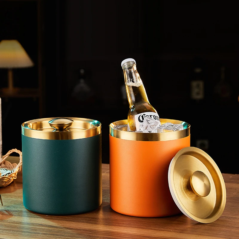 Ice Bucket 1.7L Large Capacity Stainless Steel Ice Bucket Vacuum Insulation Belt Cover Cold Insulation Professional