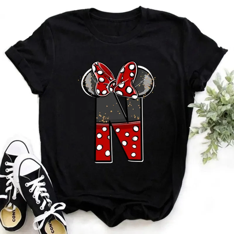 Summer Short Sleeve Disney Children Clothing Minnie Mouse Letters Print A-Z Print Kid Cotton T-shirt Y2k Tops Boy Girl Tshirt 4