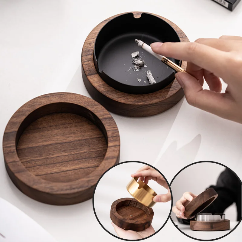 Posacenere Con Coperchio Posacenere In Noce Fumé Antivento Rotondo Personalità Creativa Trend Home Restaurant Restaurant