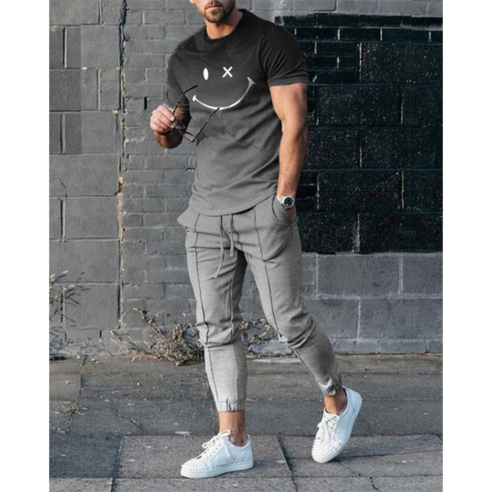 

New Summer Men's T Shirt Set Short Sleeve Tracksuit Daily Casual 2 Piece 3D Smiling Face Printing Fashion Cool Streetwear Suit