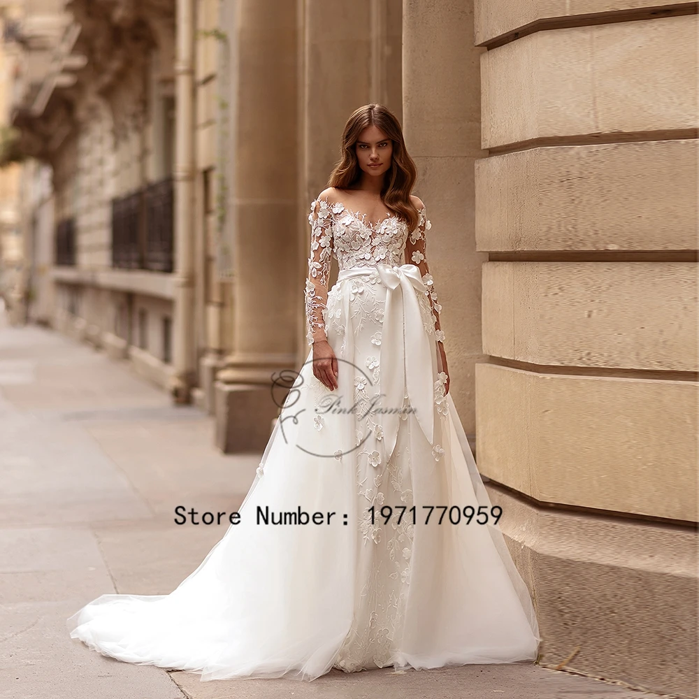 

Scoop Mermaid Wedding Dresses 4D Flowers Full Sleeves Applique Elegant Detachable Court Train Illusion Bridal Gowns 2024