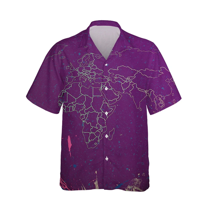 thumbnail image 1 of Camisa de moda para hombre con estampado 3D de mapa y brújula, solapa con botones, manga corta, diseño personalizado, camisetas cómodas, 1 of 5