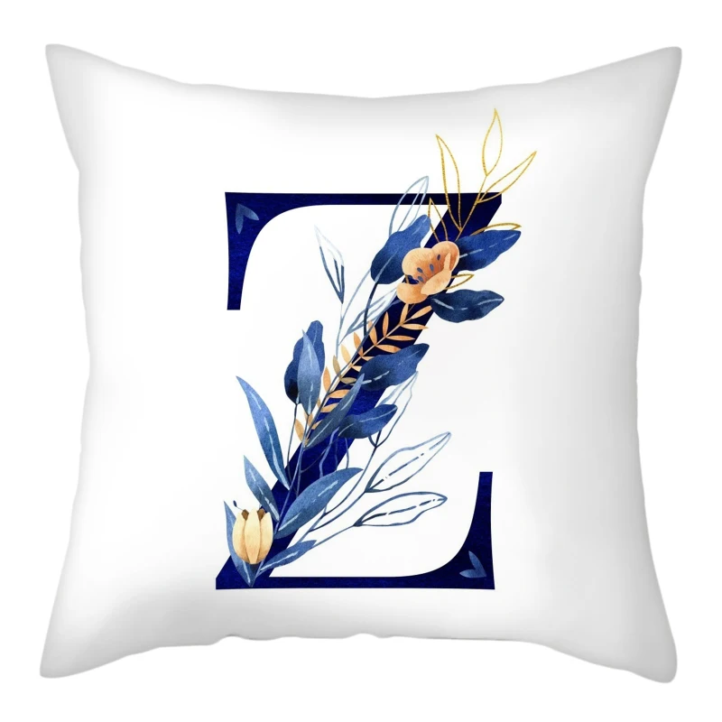 Simple Blue Leaf Alphabet Print Cushion Case 26 Letters Decoration Pillows Case Sofa Chair Livingroom Polyester Throw Pillowcase