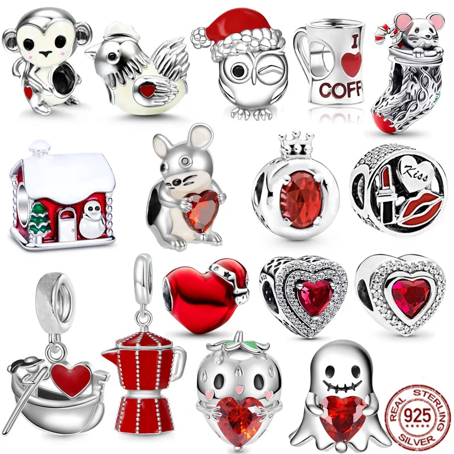 Nuovo 925 Sterling Silver Red Pavé Gemstone Hearts & Chicken Monkey Charm Bead Fit Originale Pandora Bracciale Gioielli Fai Da Te Per Le Donne