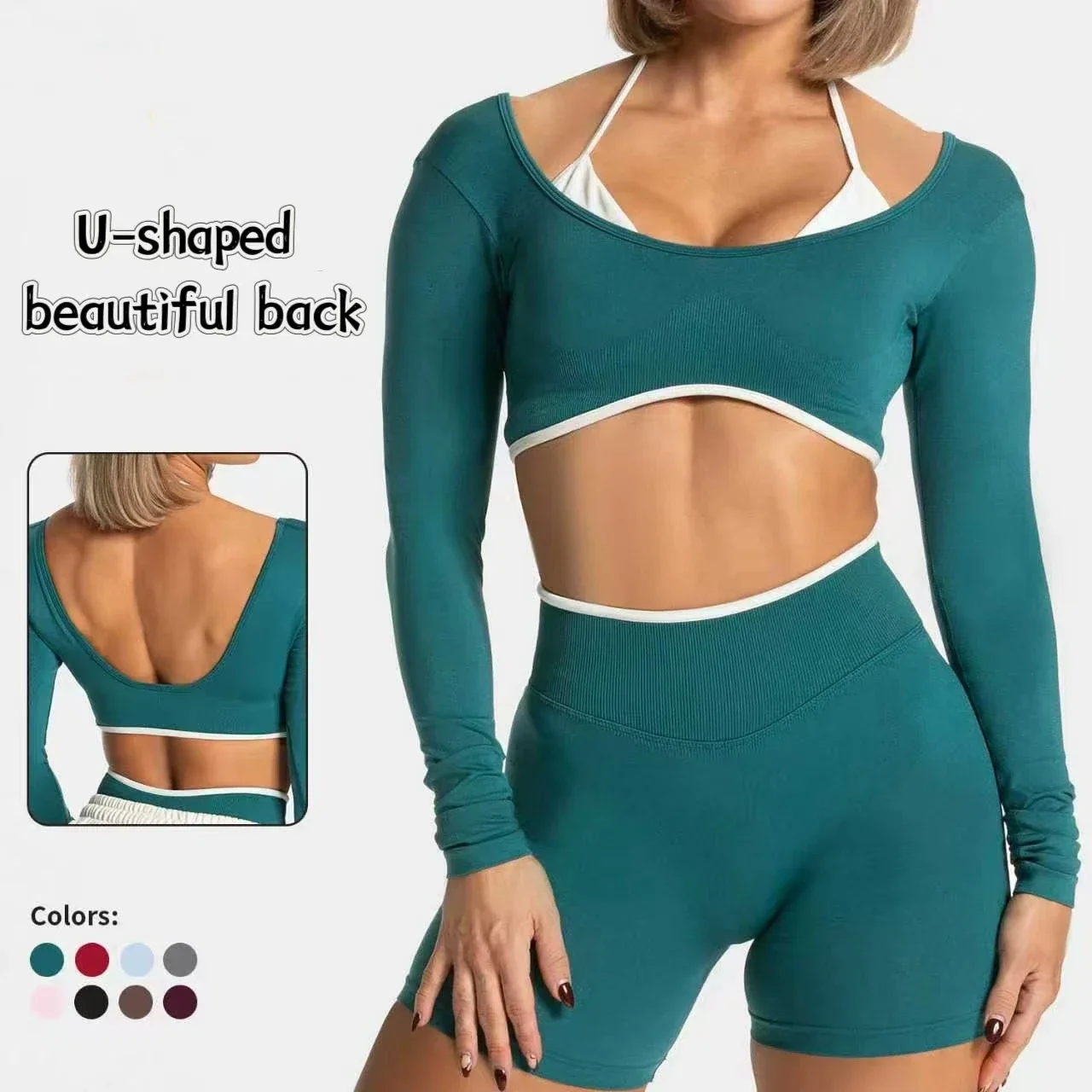 TEVEO Yoga Sets Women 2Pcs Seamless Lmpact Gym Long Sleeve Tights Top Fitness Shorts Workout Outfits Sportswear Tracksuit Girl