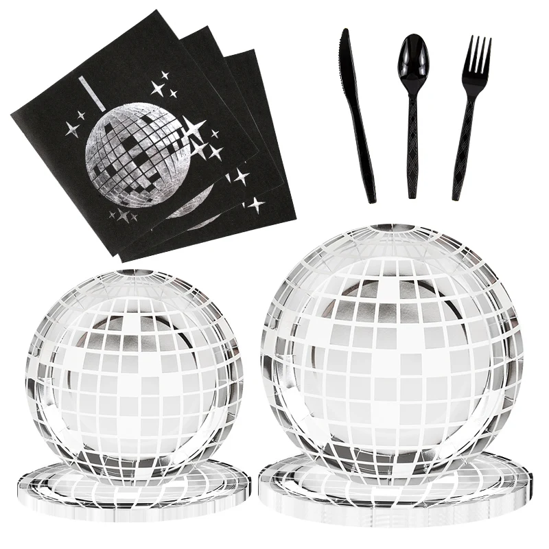 Disco Theme Party Disposable Tableware Set Silver Disco Ball Plates Napkins Cups 70s Birthday Party Decoration Wedding Supplies