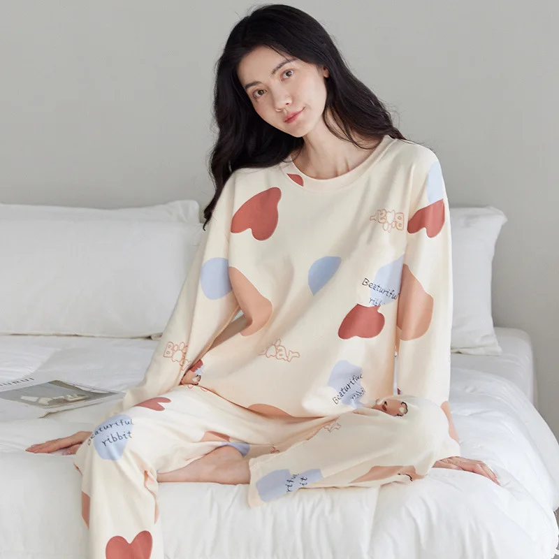 2PCS/Set Spring Autumn New Comfortable Simple Cute Fashion Elastic Cartoon Korean Long Sleeve Large Size Home Women's Pajamas 4