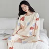 2PCS/Set Spring Autumn New Comfortable Simple Cute Fashion Elastic Cartoon Korean Long Sleeve Large Size Home Women's Pajamas 4