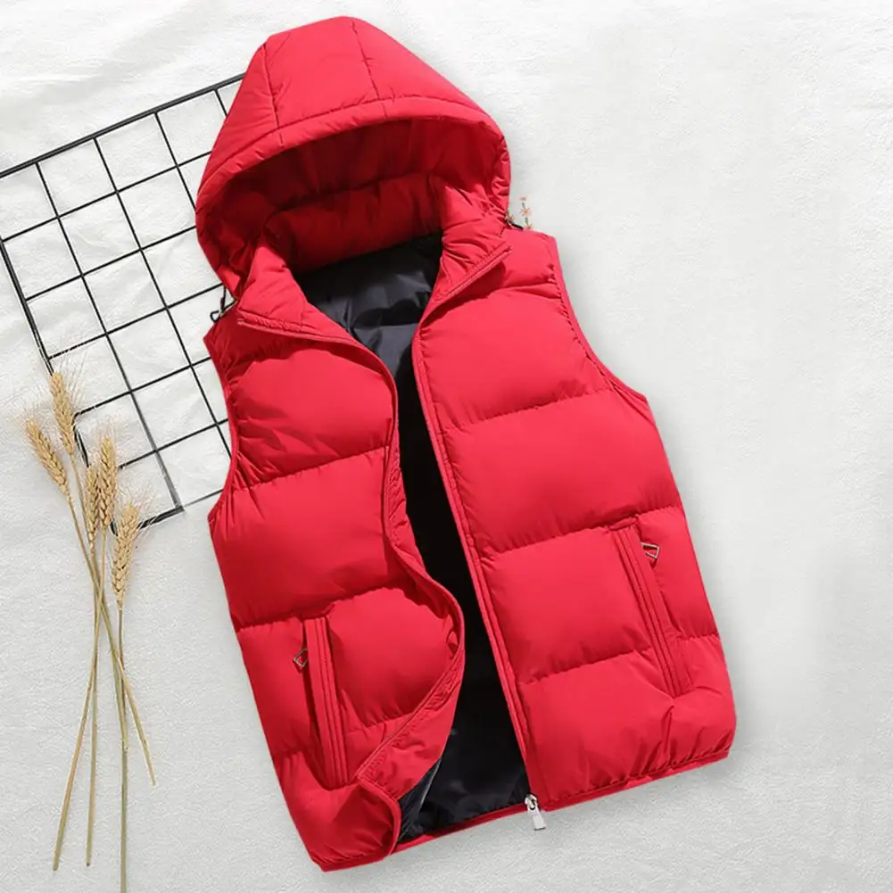 

Men Winter Cotton Vest Sleeveless Hooded Zipper Pockets Cardigan Thickened Solid Color Windproof Heat Retention Soft Warm coat