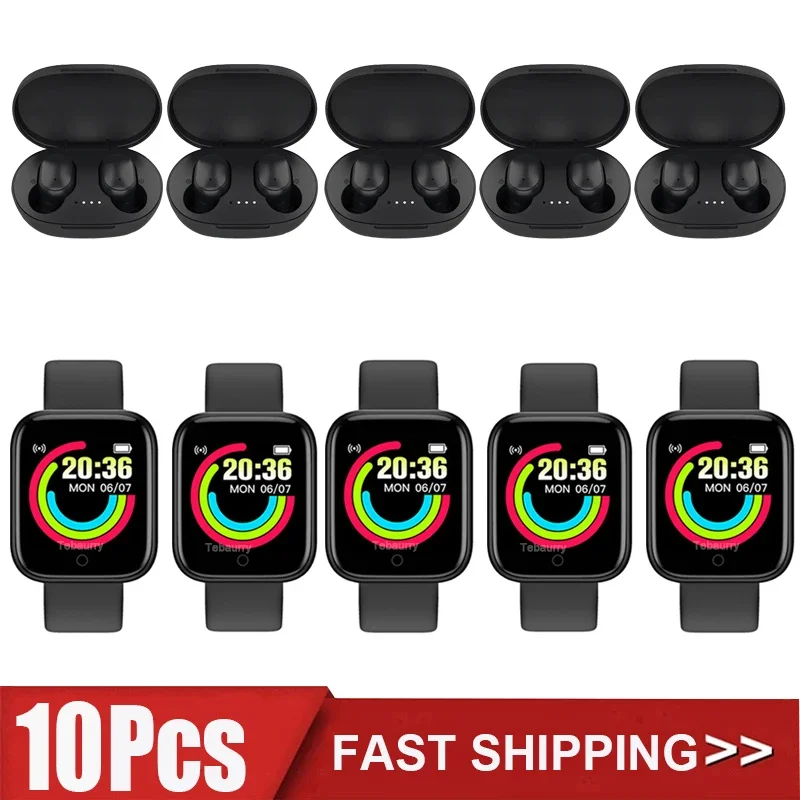 

10Pcs Smartwatch D20 + A6s TWS Y68 Smart Watch Men Women Fitness Tracker Sports Heart Rate Monitor Bluetooth Wristwatch