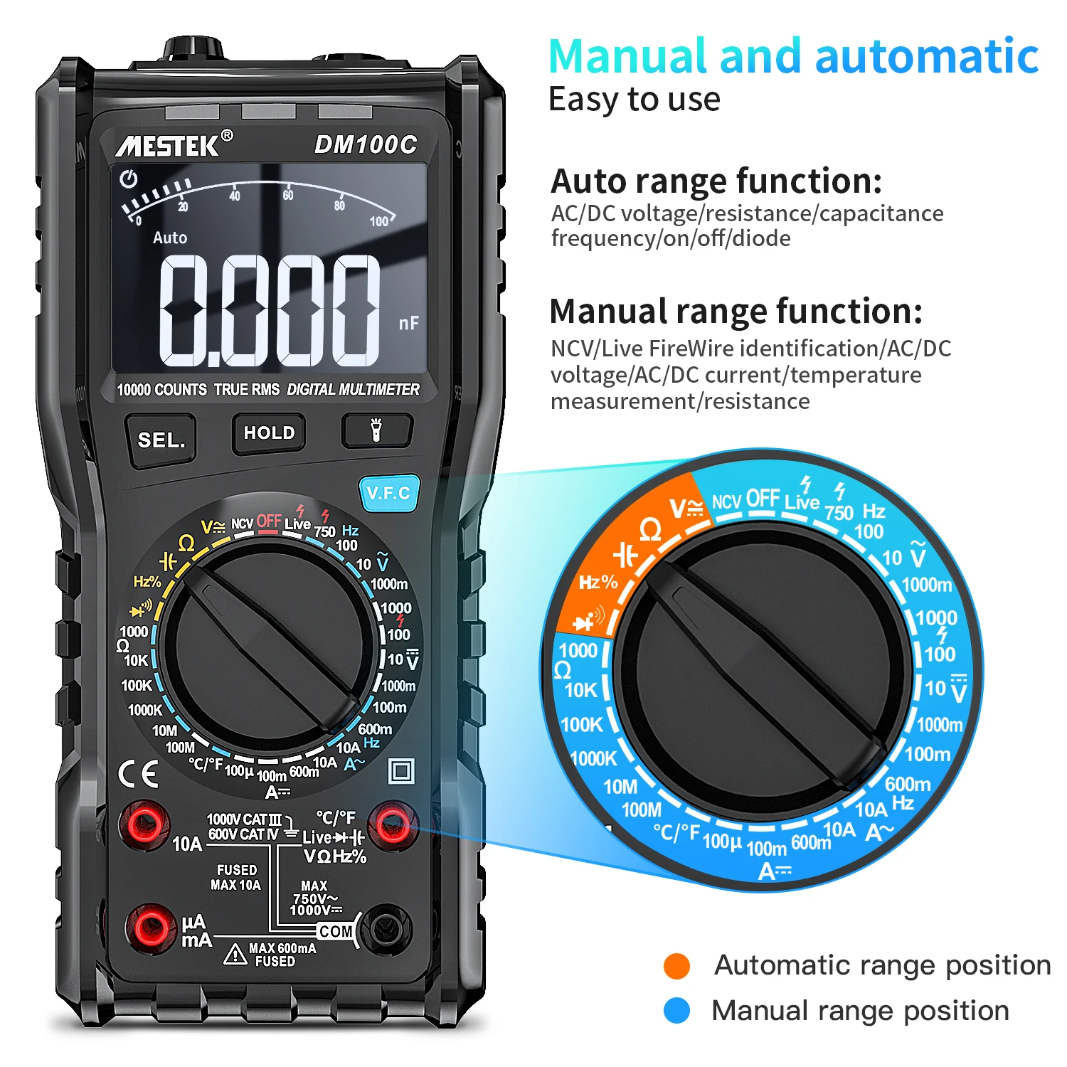 MESTEK 10000 Comptes True RMS Multimètre Numérique Multifonctionnel Mesure  AC/DC Tension Courant Résistance Capacité Fréquence Diode Température et  Humidité NCV Live Line Testeur Anti-brûlure Fusible Alar