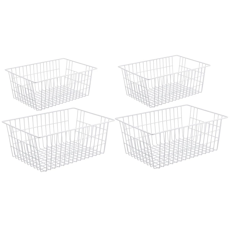 

4 Pack Wire Storage Baskets, Farmhouse Metal Wire Basket Freezer Storage Organizer Bins With Handles(White)