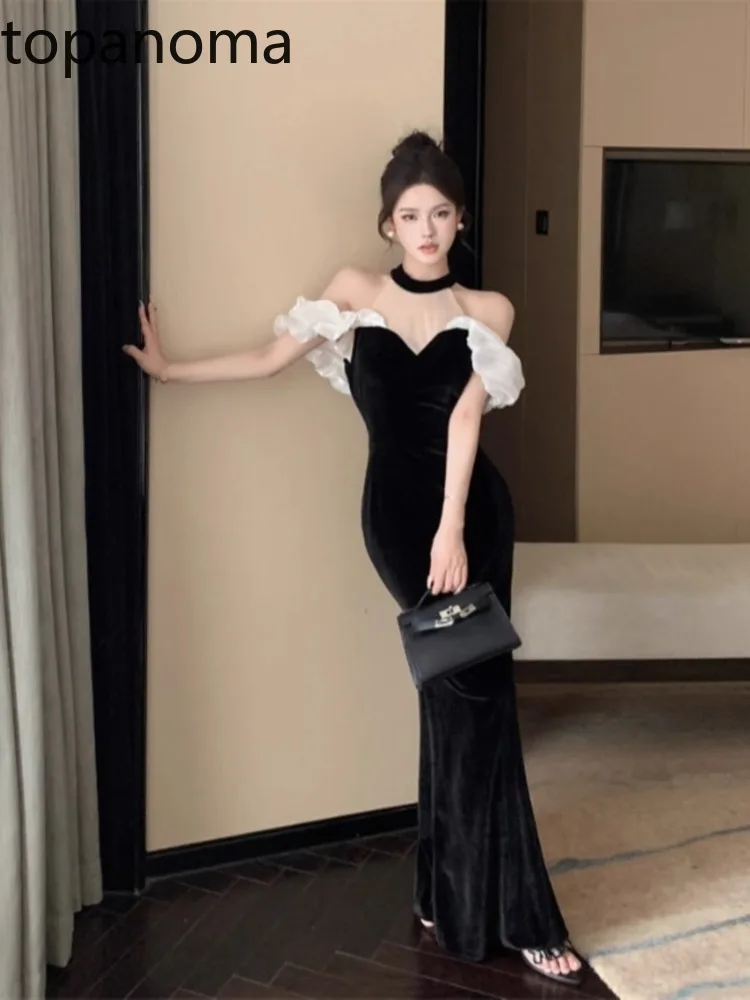 

Topanoma вечерние платья, женское Сетчатое лоскутное бархатное коктейльное платье без рукавов с открытыми плечами, сексуальное Элегантное свадебное платье